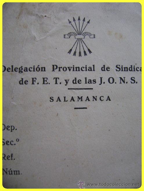 Militaria: FET y JONS Salamanca, Delegaci&oacute;n Provincial de Sindicatos, 1948, solicitando certificaci&oacute;n m&eacute;dica