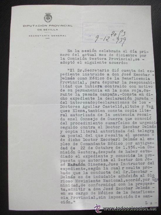 Militaria: DIPUTACION SEVILLA.NOTIFICACION SOBRE EXPEDIENTE DEPURADOR Y CONSEJO GUERRA A COMANDANTE MEDICO..