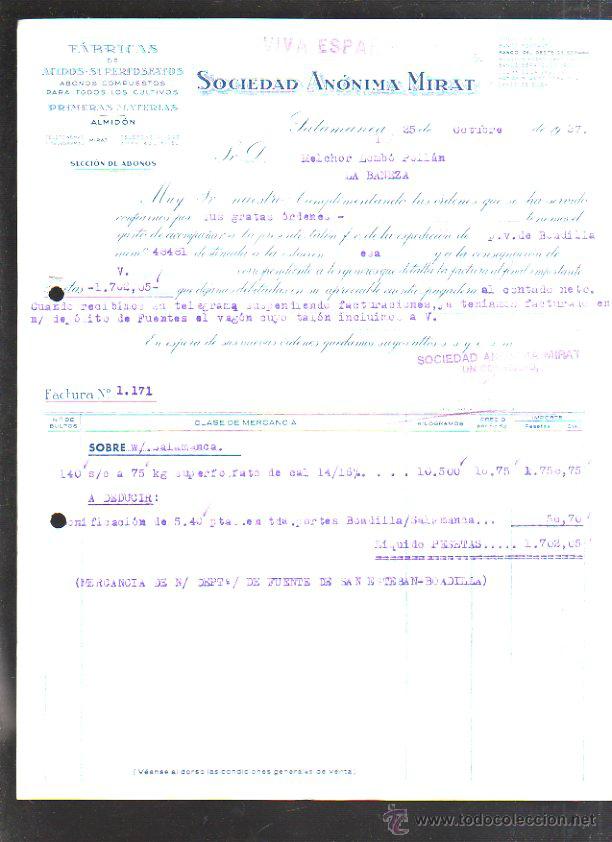 Militaria: FACTURA. S.A MIRAT. ABONOS PARA CULTIVOS. SALAMANCA. 1937. GUERRA CIVIL. SELLO VIVA ESPA&Ntilde;A