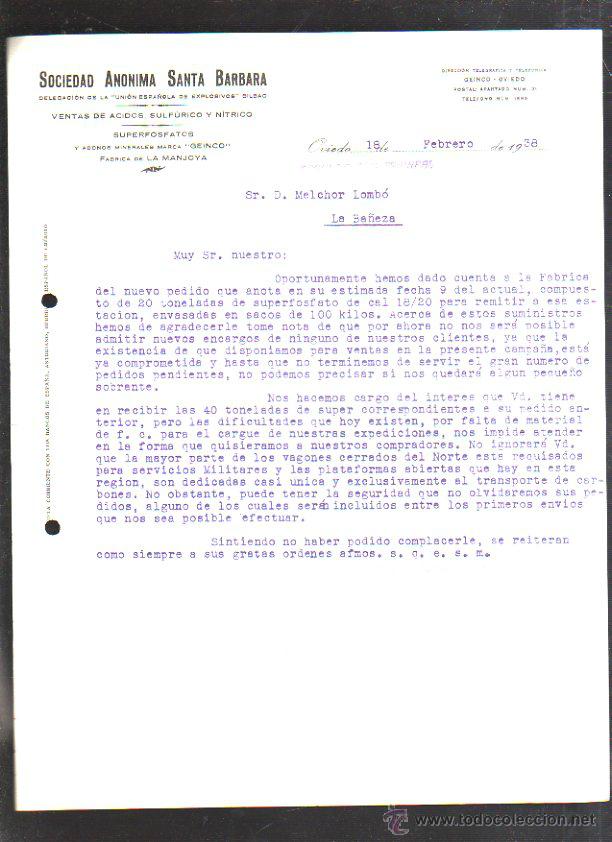 Militaria: CARTA COMERCIAL. S.A. SANTA BARBARA. OVIEDO, ASTURIAS. 1938. GUERRA CIVIL. SELLO VIVA ESPA&Ntilde;A