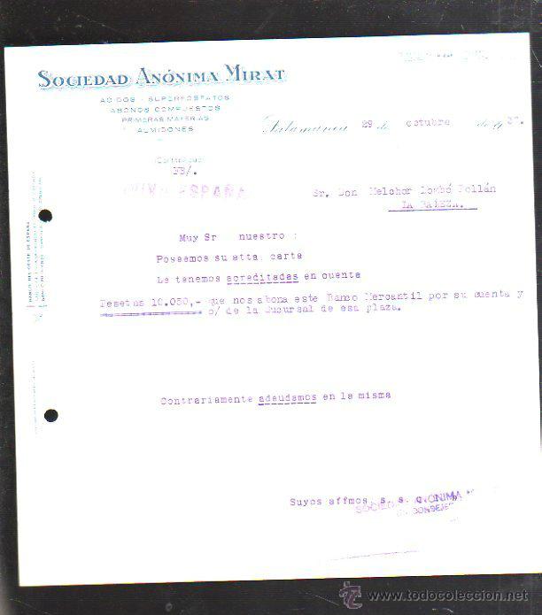 Militaria: CARTA COMERCIAL. S.A MIRAT. ABONOS PARA CULTIVOS. SALAMANCA. 1937. GUERRA CIVIL. SELLO VIVA ESPA&Ntilde;A