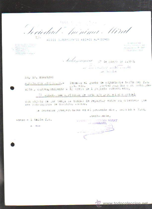 Militaria: CARTA COMERCIAL. S.A MIRAT. ABONOS PARA CULTIVOS. SALAMANCA. 1938. GUERRA CIVIL. SELLO VIVA ESPA&Ntilde;A