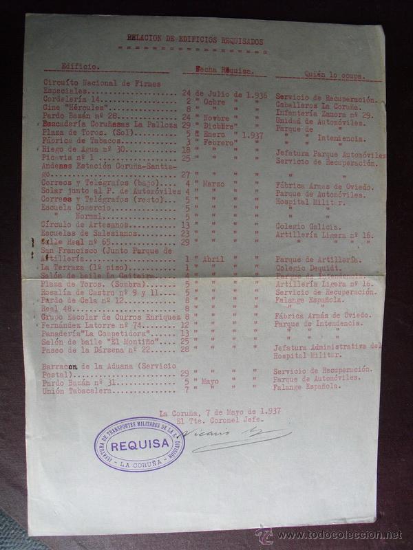 Military Antiques: 1937 RELACION DE EDIFICIOS REQUISADOS CON LOS ORGANISMOS QUE LOS OCUPAN ( LA CORU&Ntilde;A)