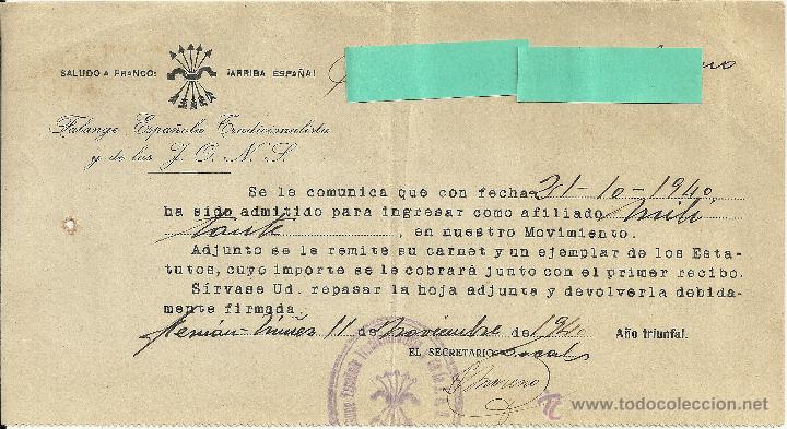 Militaria: FALANGE ESPA&Ntilde;OLA - DOCUMENTO ADMITIENDO A UN MILITANTE AL MOVIMIENTO 21-10-1940