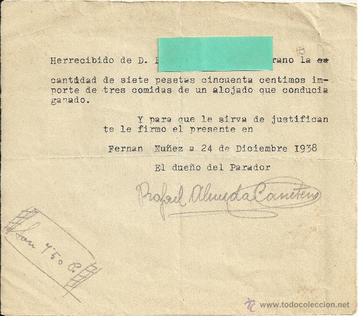 Militaria: RECIBO POR DAR COMIDA A UN ALOJADO QUE CONDUCIA GANADO 24-12-1938