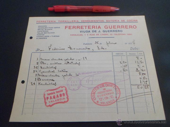 Militaria: Factura FERRETERIA GUERRERO - 1937 Con cu&ntilde;o comite de control UGT y del de Intervencion de CNT /AIT