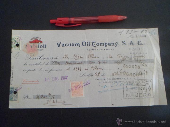 Militaria: PAGAR&Eacute; A 15 D&Iacute;AS VACUUM OIL COMPANY DE 1937 SEVILLA , CON TIMBRES DE LA &Eacute;POCA