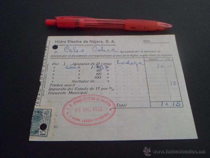 Militaria: RECIBO DE PAGO DE LA CUOTA MENSUAL DEL  ALUMBRADO DE DICIEMBRE 1937 - DE HIDRO ELECTRA DE NAJERA S.A
