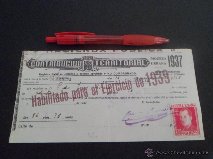 Militaria: 1939 VALENCIA. CONTRIBUCION TERRITORIAL DURANTE  LA GUERRA CIVIL. ZONA REPUBLICANA CON SELLO 15 CTS