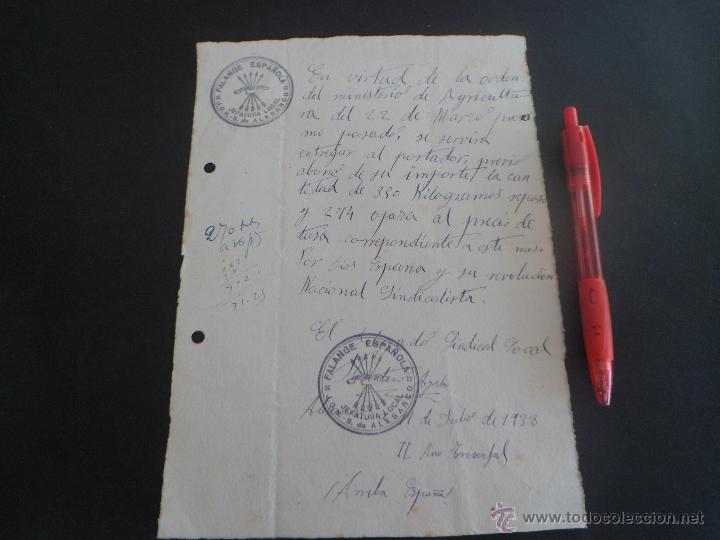 Militaria: ORDEN MANUSCRITA POR EL DELEGADO LOCAL DE FALANGE DE ENTREGA DE REPASO Y HOJA CON CU&Ntilde;OS - JULIO 1938