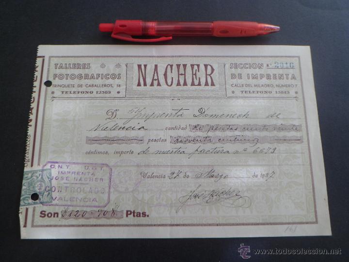 Militaria: FACTURA TALLERES FOTOGRAFICOS NACHER -  CU&Ntilde;O CNT - UGT  Y SELLO ESPECIAL DE FACTURAS 1937 -VALENCIA