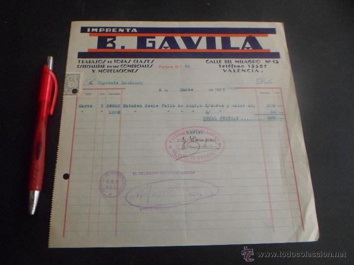 Militaria: FACTURA IMPRENTA B. GAVILA - CU&Ntilde;O CNT - AIT - UGT Y DEL COMITE DE INTERVENCION - 1937 -VALENCIA