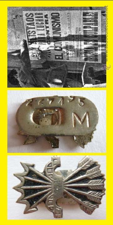Militaria: Postal de Primo de Rivera a&ntilde;o 1938 + antigua insignia de Falange de ojal+ moneda 25 c&eacute;ntimos 1937