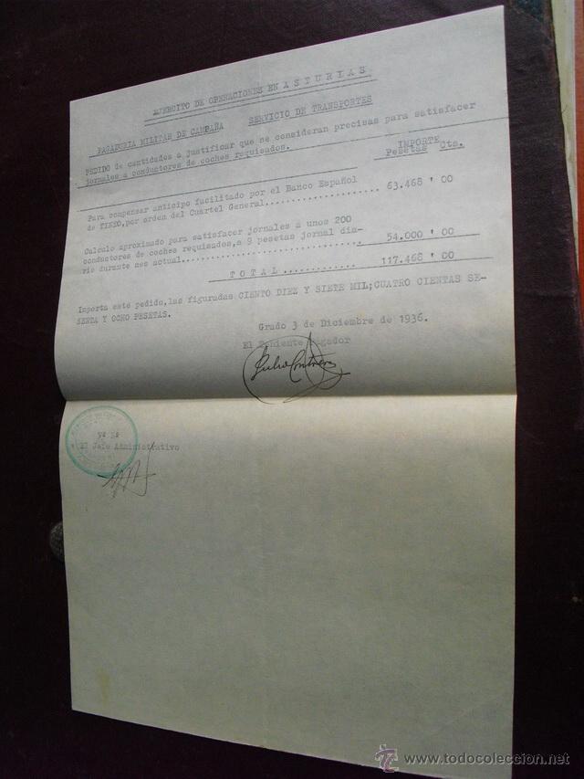 Military Antiques: 1936 EJ. OPERACIONES DE ASTURIAS COMPENSACION DE ANTICIPO DEL BANCO DE TINEO AL COMENZAR LA GUERRA