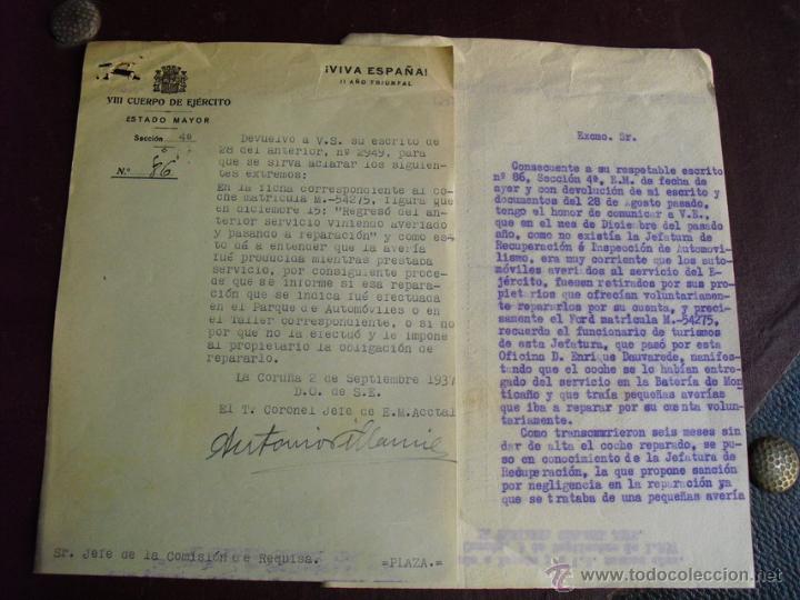 Militaria: 1937 DOS DOCUMENTOS SOBRE OCULTACI&Oacute;N DE VEH&Iacute;CULO POR PROPIETARIO ALEGANDO REPARACI&Oacute;N