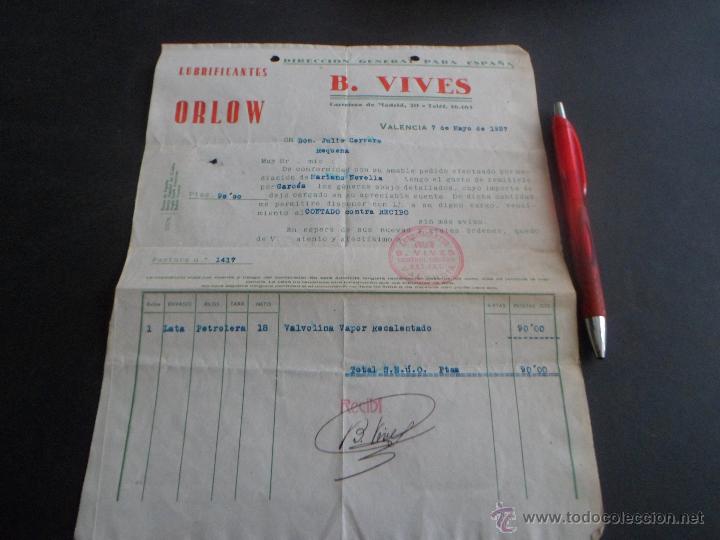 Militaria: FACTURA LUBRIFICANTES ORLOW - CU&Ntilde;O CNT - UGT CONTROL OBRERO - 1937 - REQUENA ( VALENCIA )