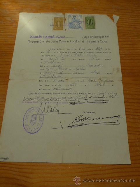 Militaria: Antiguo documento de boda catalana en plena guerra civil, republica, con sello vi&ntilde;eta. 1937