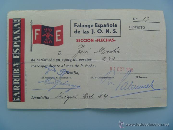Militaria: GUERRA CIVIL - FALANGE : RECIBO CUOTA DE FLECHA , FE DE LAS JONS . SEVILLA, 1937.