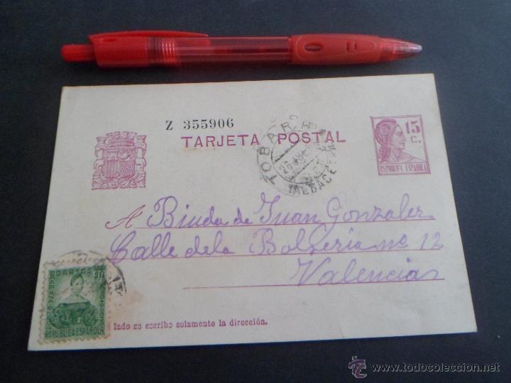 Militaria: ENTERO POSTAL DE LA REPUBLICA ESPA&Ntilde;OLA - 1937 - CIRCULADA - TOBARRA (ALBACETE) A VALENCIA
