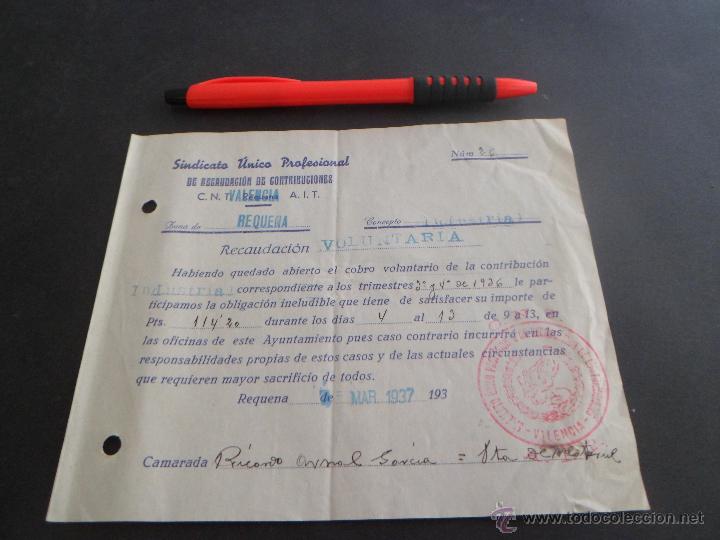 Militaria: FACTURA SINDICATO UNICO PROFESIONAL DE RECAUDACION - CNT - AIT - MARZO 1937 - CON CU&Ntilde;O