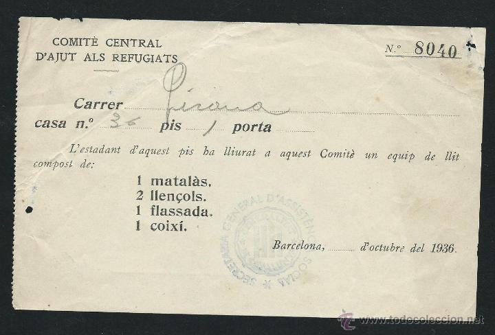 Militaria: Documento. Comite Central d'ajut als Refugiats. Barcelona, octubre 1936