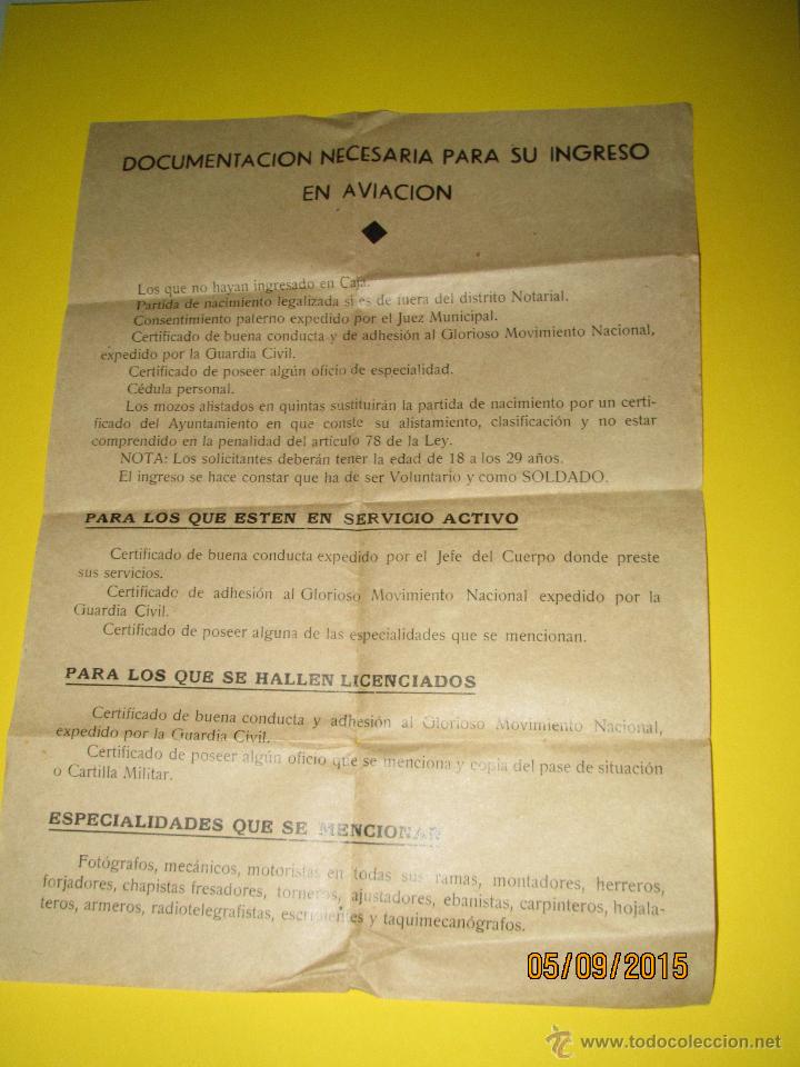 Militaria: Folleto Esplicativo DOCUMENTACI&Oacute;N NECESARIA PARA SU INGRESO EN AVIACI&Oacute;N - Guerra Civil a&ntilde;o 1936-39.