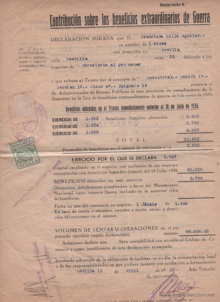 Militaria: Documento de Guerra Civil: Contribuci&oacute;n sobre lo beneficios extraordinario de Guerra. Sevilla. 1939