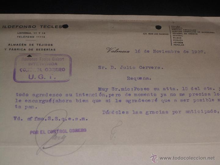 Militaria: FACTURA ALMACEN DE TEJIDOS ILDEFONSO TECLES - CU&Ntilde;O UGT CONTROL OBRERO - INTERVENIDA -1937 - VALENCIA