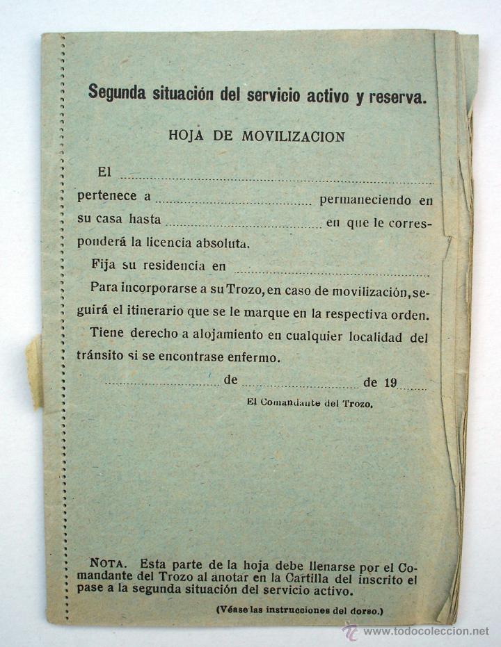Militaria: Hoja de movilizaci&oacute;n militar segunda situaci&oacute;n del servicio activo y reserva. Guerra Civil.
