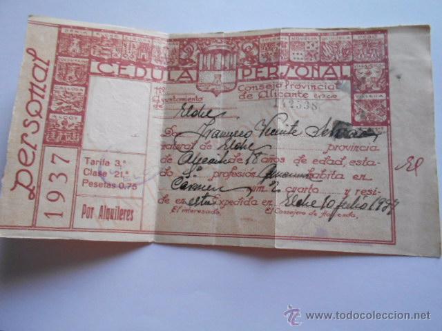 Military Antiques: ANTIGUA CEDULA PERSONAL DE LA GUERRA CIVIL ESPA&Ntilde;OLA ELCHE ALICANTE A&Ntilde;O 1937
