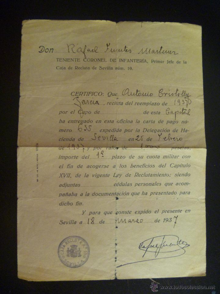 Militaria: GUERRA CIVIL : CERTIFICADO PAGO RECLUTA. SEVILLA 1937 , ESCUDO REPUBLICA EN CU&Ntilde;O