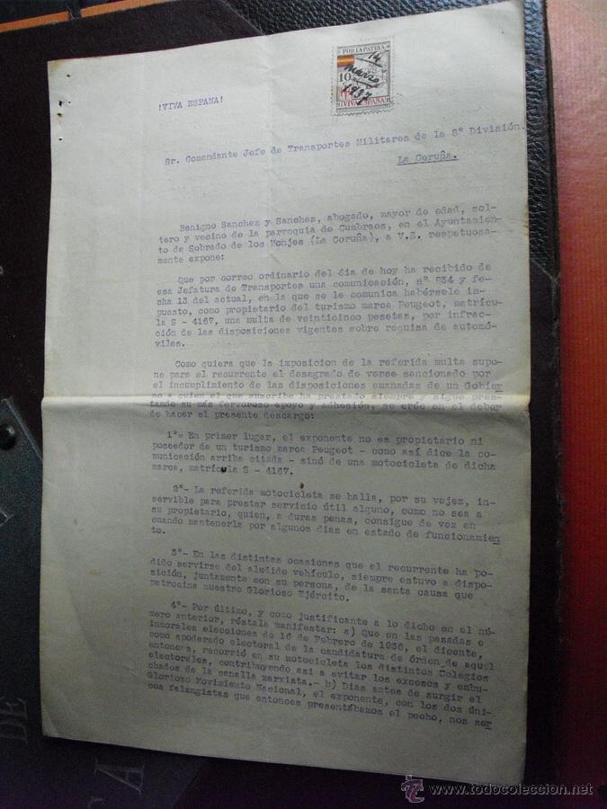 Militaria: 1937 GUERRA CIVIL RECURSO DEL DELEGADO CIVIL DE UN AYUNTAMIENTO POR MULTA QUE LE FU&Eacute; IMPUESTA