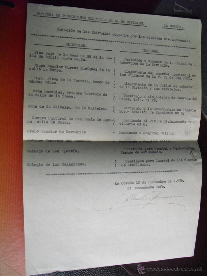 Military Antiques: DICIEMBRE 1936 RELACION DE EDIFICIOS OCUPADOS PARA NECESIDADES MILITARES EN LA CORU&Ntilde;A