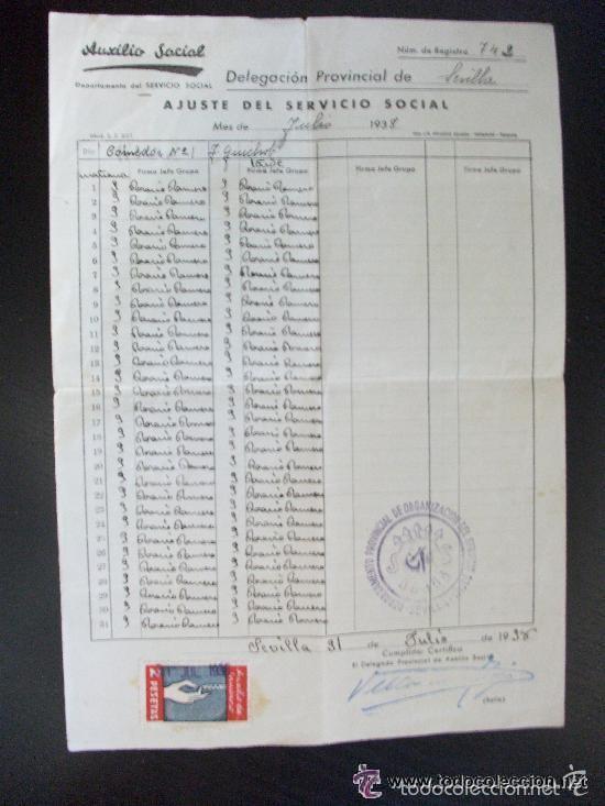 Militaria: GUERRA CIVIL : FALANGE : DOCUMENTO AUXILIO SOCIAL , CON VI&Ntilde;ETA . SEVILLA, JULIO 1938
