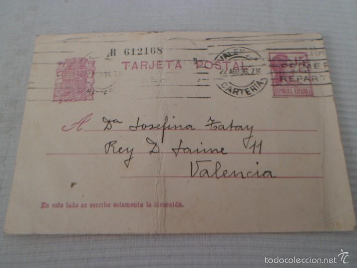 Militaria: ENTERO POSTAL PRIVADA - MADRID A VALENCIA - CIRCULADA 22 DE AGOSTO 1936 - GUERRA CIVIL