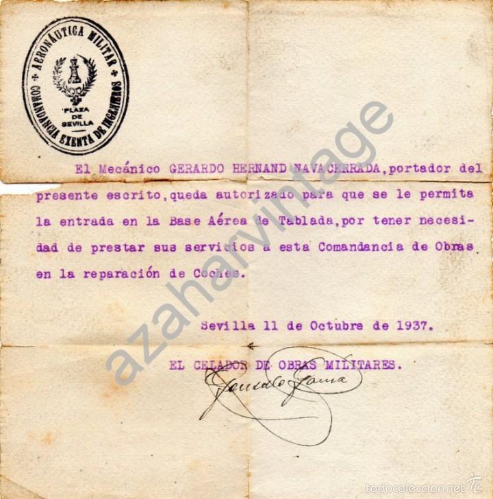 Militaria: SEVILLA, GUERRA CIVIL.AVIACION, COMANDANCIA INGENIEROS AERONAUTICA, AUTORIZACION A MECANICO