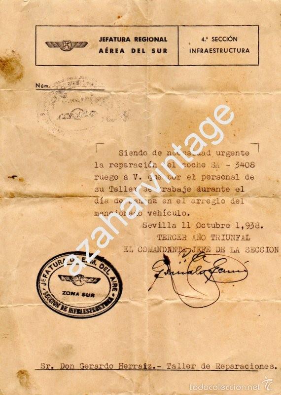 Militaria: SEVILLA,1938, GUERRA CIVIL, AVIACION,AUTORIZACION PARTE TRABAJO TALLER