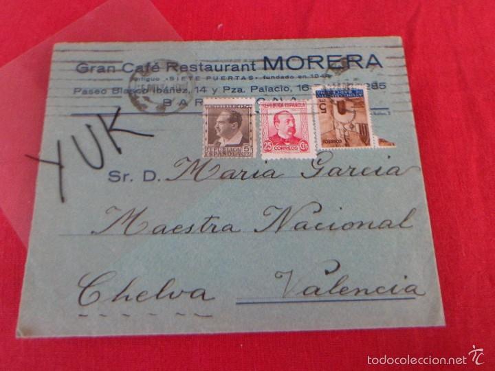 Militaria: SOBRE Y CARTA ~ OCTUBRE DE 1936 ~ CON SELLOS ~ Y PUBLICIDAD CAFE RESTAURANT MORERA DE BARCELONA