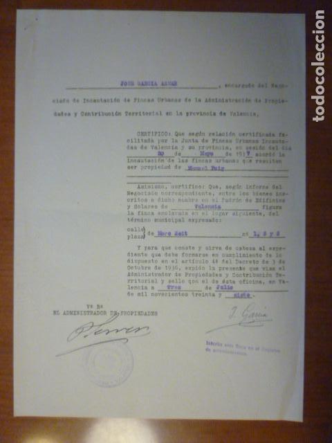Militaria: DOCUMENTO FIRMADO POR JOSE GARCIA AZNAR CON LISTADO PROPIEDADES A INCAUTAR. 20 MAYO 1937.