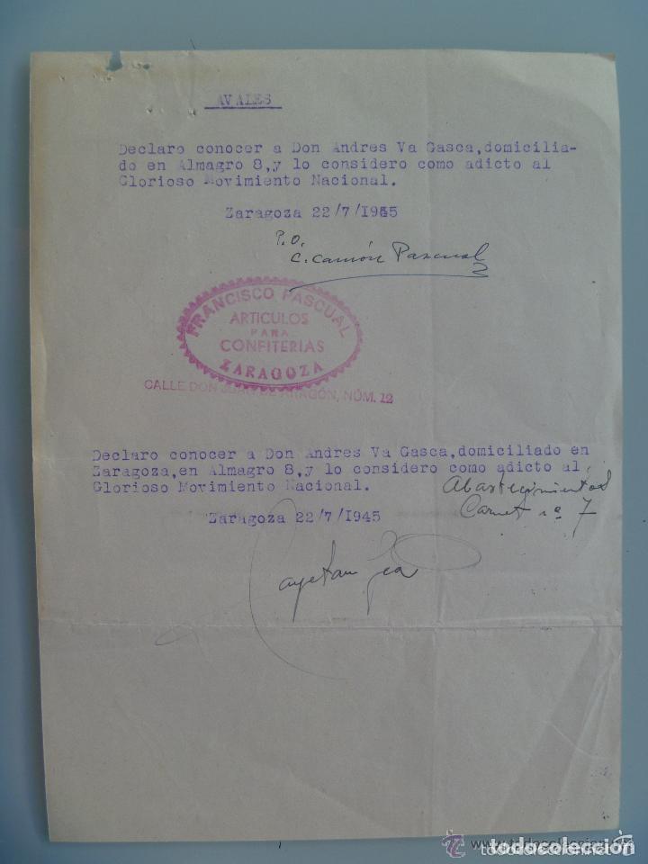 Militaria: GUERRA CIVIL : AVAL DE ADICTO AL MOVIMIENTO. ZARAGOZA 1945.