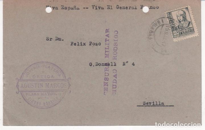 Militaria: Tarjeta Postal Joyer&iacute;a Agust&iacute;n Marcos ( Ciudad Rodrigo ) a Sevilla con censura militar. 1937