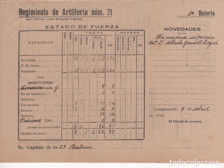 Militaria: D&iacute;ptico Documento relacionados con Guerra Civil Espa&ntilde;ola: Relevo cuartel, Estado de Fuerza...