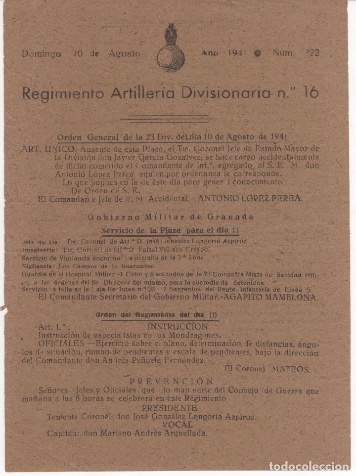 Militaria: Documento Regimiento Artiller&iacute;a Divisionaria n&ordm; 16 . A&ntilde;o 1941