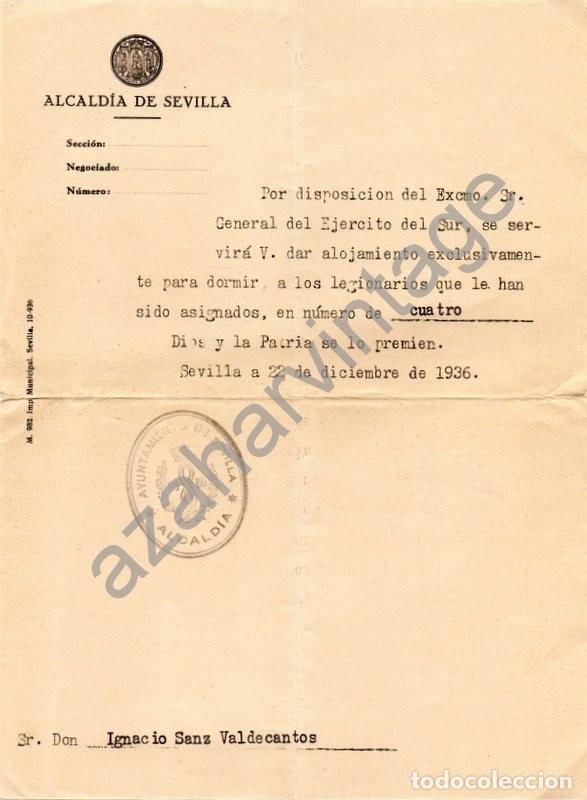 Militaria: SEVILLA,1936, GUERRA CIVIL, ORDEN DEL AYUNTAMIENTO PARA ALOJAMIENTO CUATRO LEGIONARIOS