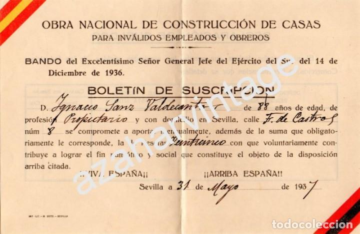 Militaria: SEVILLA,1937, GUERRA CIVIL. SUSCRIPCION OBRA NACIONAL DE CONSTRUCCION DE CASAS PARA INVALIDOS