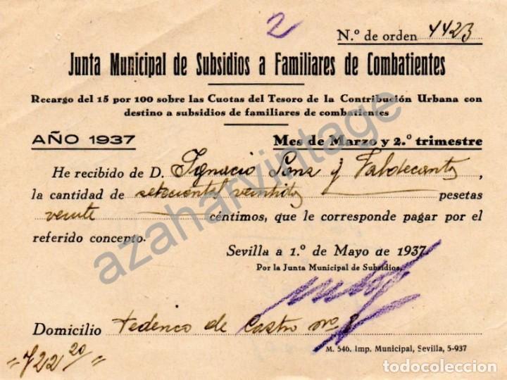Militaria: SEVILLA, 1937, GUERRA CIVIL, CUOTA JUTA MUNICIPAL DE SUBSIDIOS A FAMILIARES DE COMBATIENTES