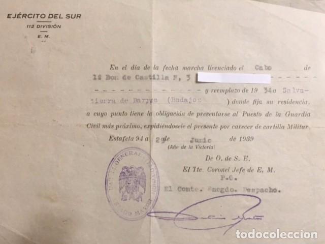 Militaria: Documento del ej&eacute;rcito del Sur a tipo de visado de 1939 - Foto 1