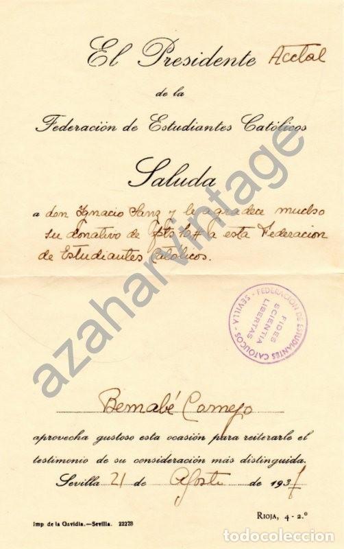 Militaria: SEVILLA, 1937, GUERRA CIVIL, DONATIVO A LA FEDERACION DE ESTUDIANTES CATOLICOS, RARA