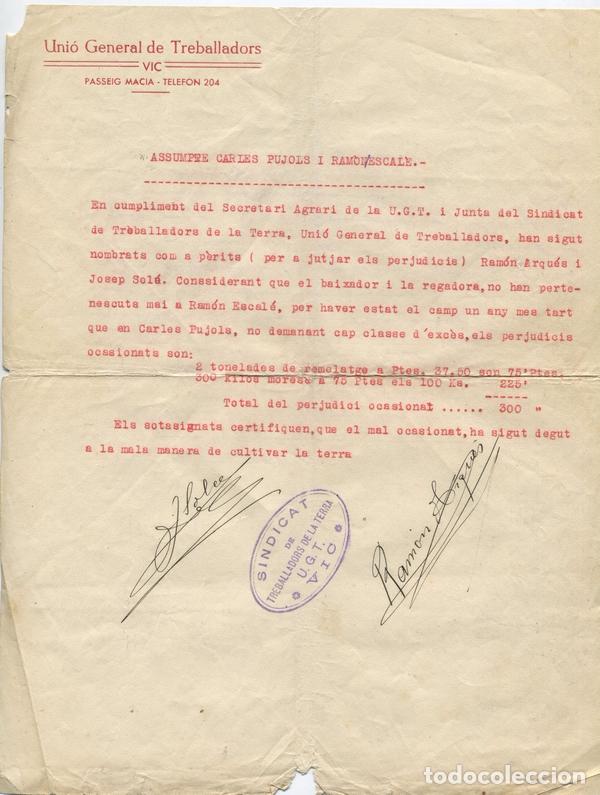 Militaria: Documento de la UGT Sindicat de Treballadors de la Terra. Vic.  Guerra Civil.