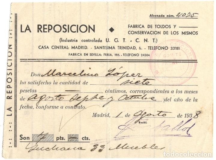 Militaria: RECIBO DE F&Aacute;BRICA DE TOLDOS - INDUSTRIA CONTROLADA POR UGT - CNT - AGOSTO DE 1938